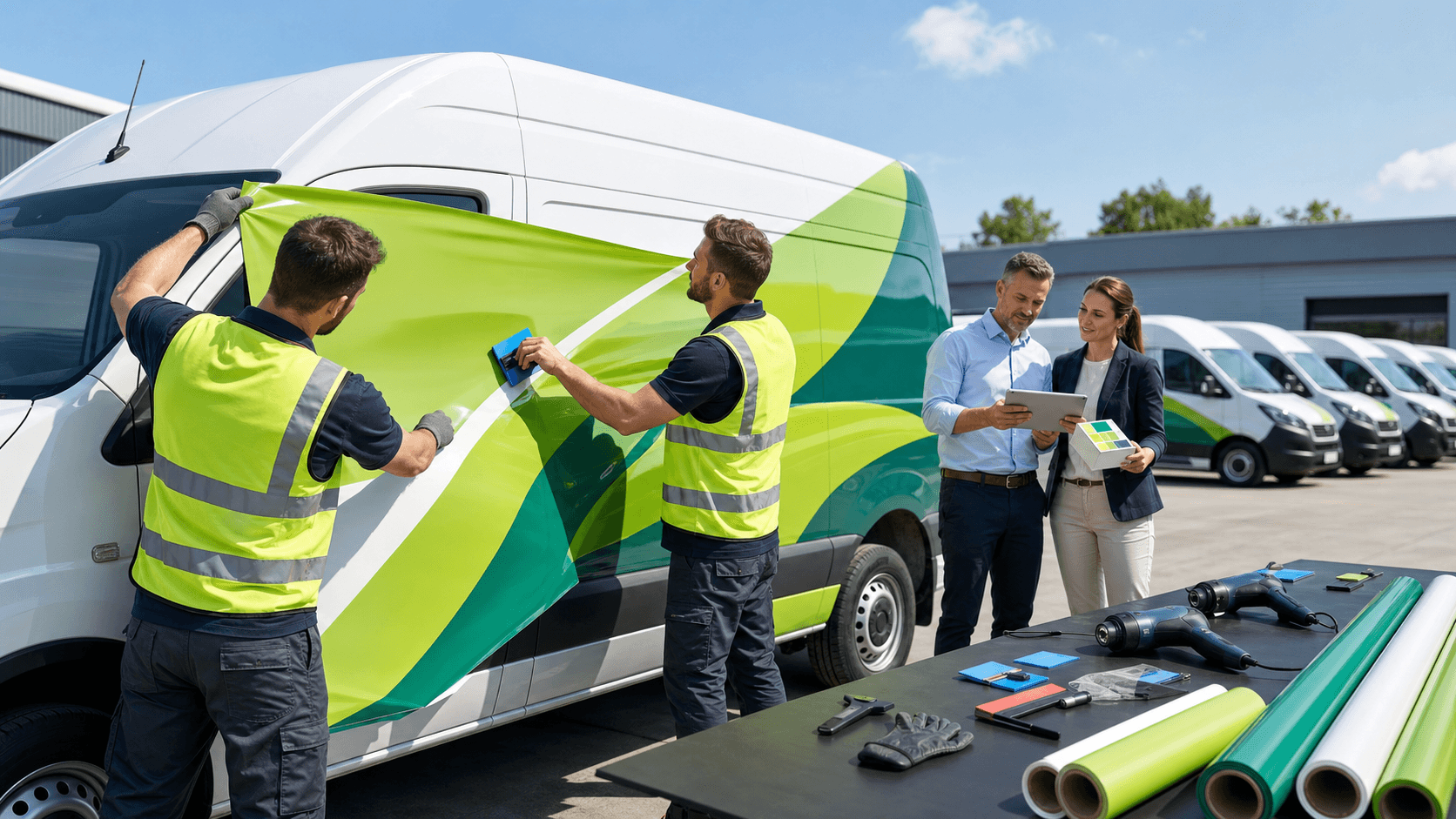 Green-and-white delivery van with leafy eco graphics parked beside charging stations under bright daylight