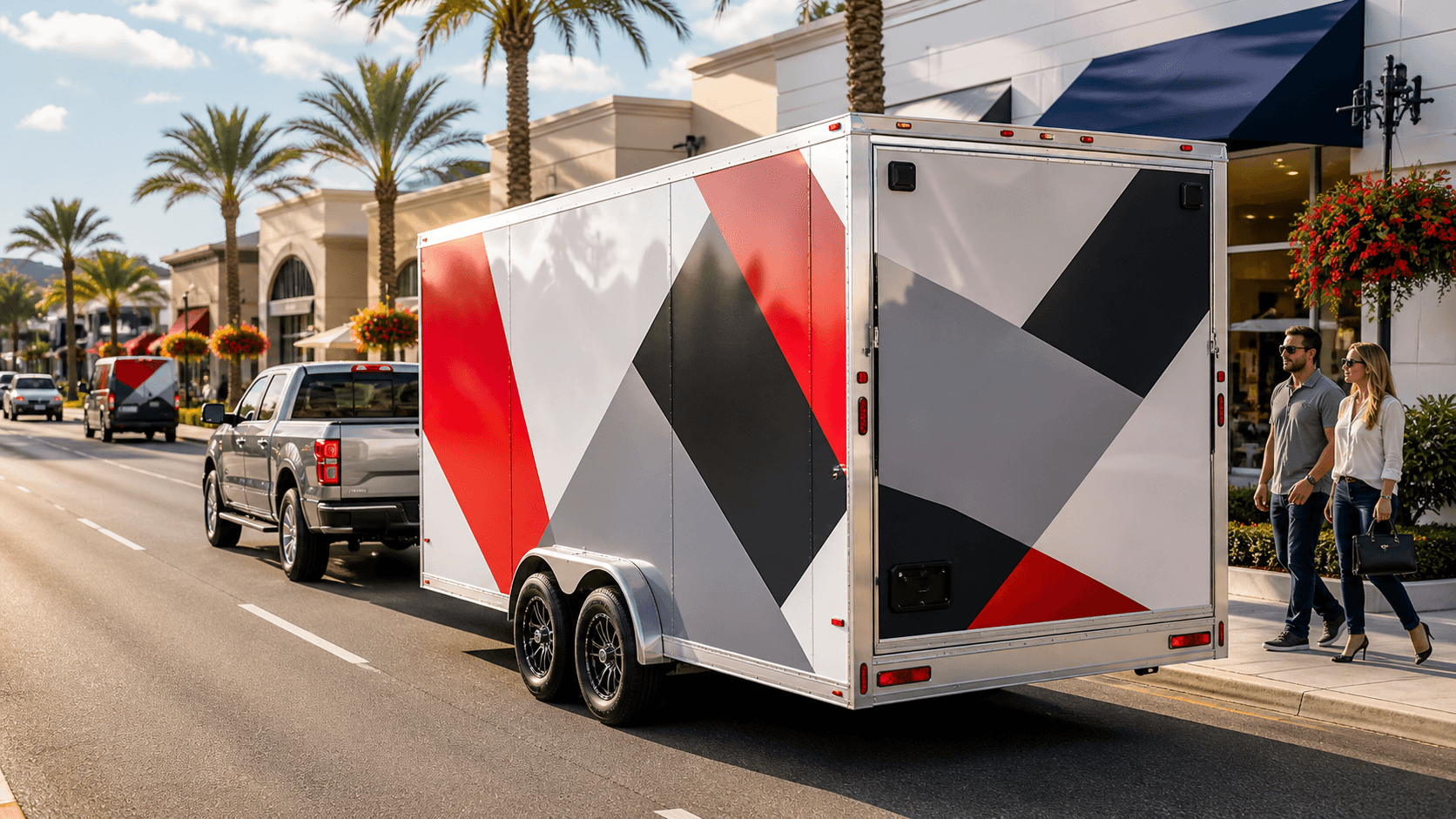 Colorful trailer graphics stand out on parked semi-trailers under bright daylight.