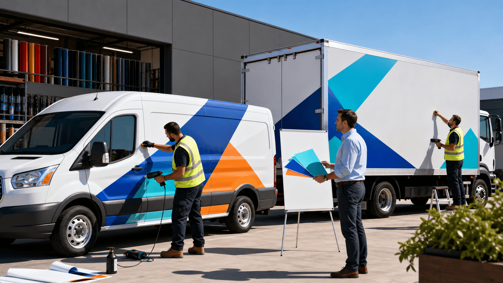 Colorful delivery trucks with bold graphic wraps driving on a sunlit road, motion blur and city skyline backdrop