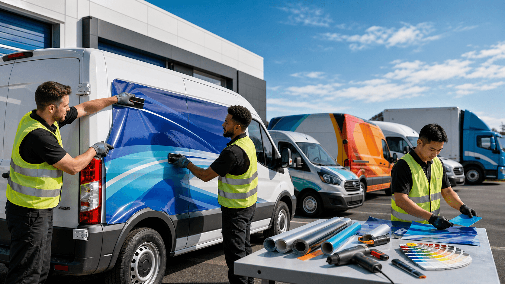 White delivery van with colorful wrap graphics parked on a sunlit lot, close-up of side panel and logo