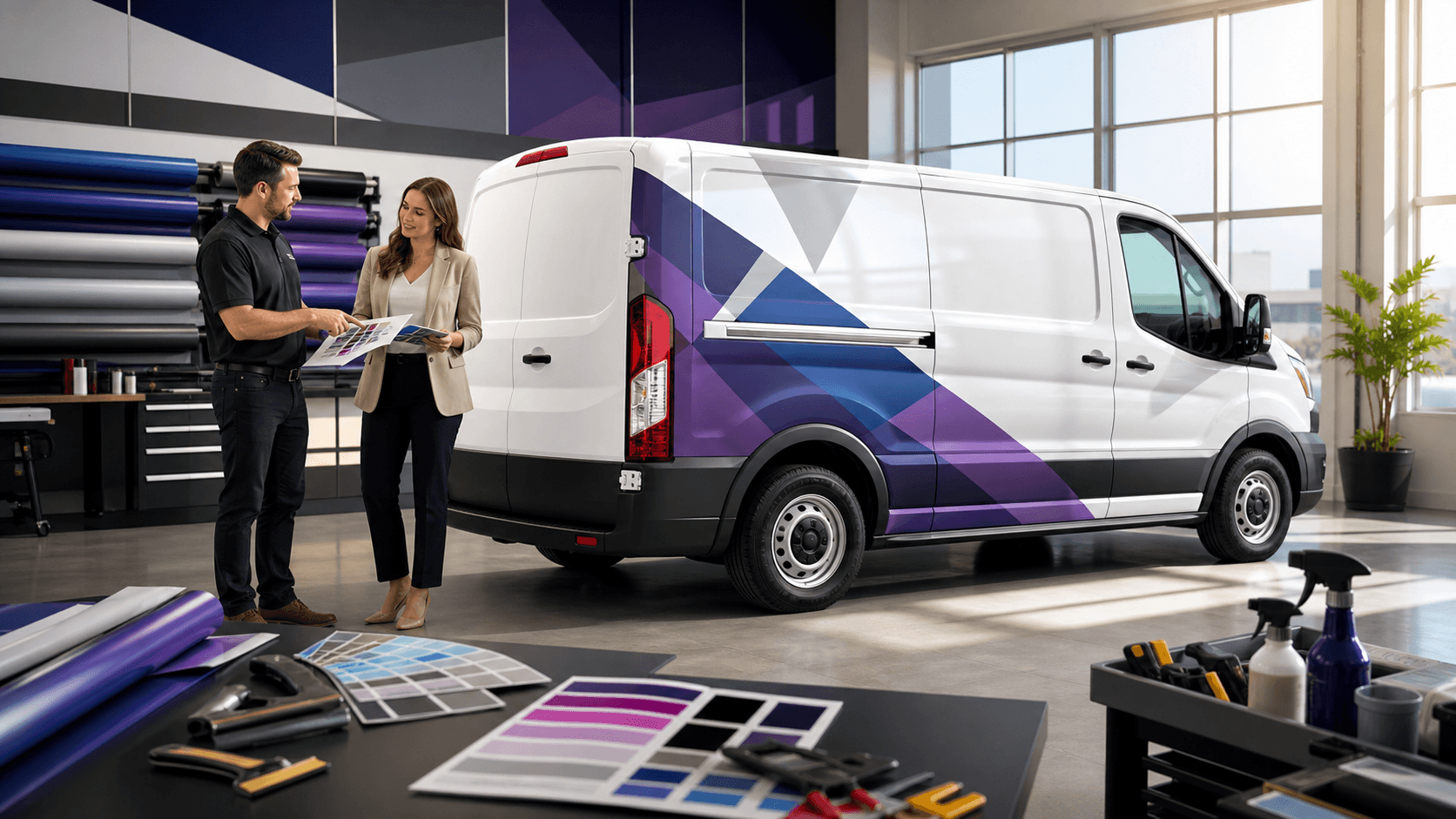 White cargo van with bold blue and orange geometric partial wrap parked against a clean gray backdrop.