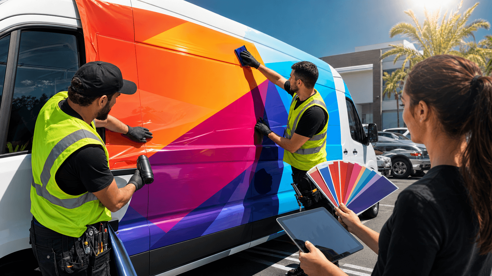 Brightly wrapped delivery van in sunlight, bold orange and yellow graphics reflecting on hot asphalt under blue sky