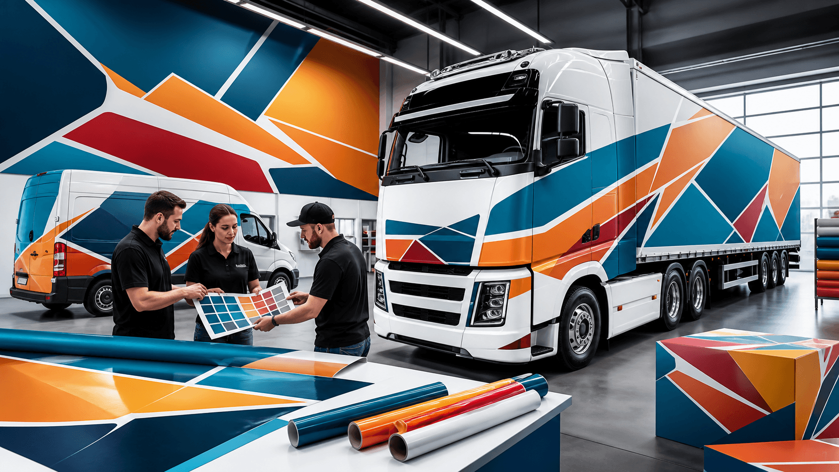 White semi-truck with bold blue and orange graphics driving on a sunlit highway at dusk.