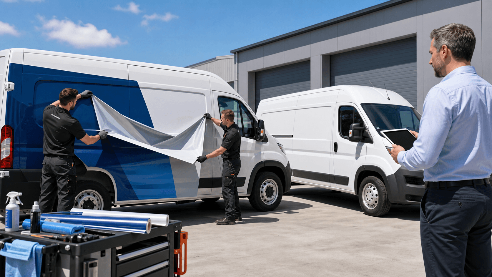 White fleet vans with blue and orange graphics split across a clean, sunlit industrial lot.