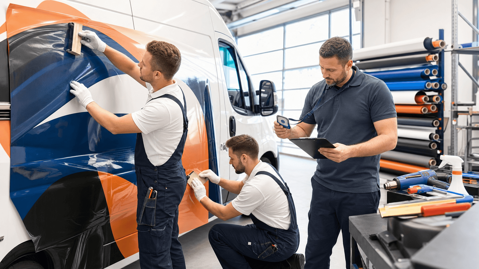 Wrap installer in gloves smoothing vinyl on a white car under bright shop lights, with certification badges floating above.
