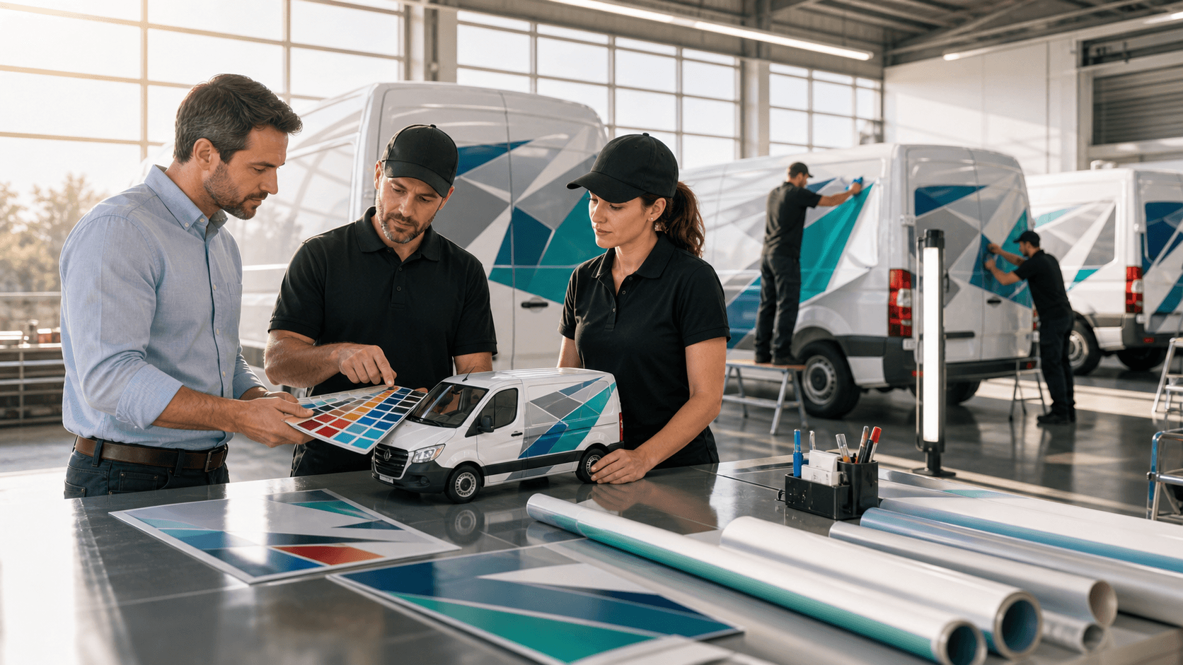 Technicians apply a blue-and-white graphic wrap to a fleet van inside a brightly lit workshop.