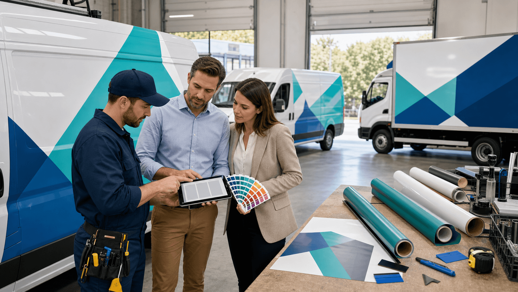 Row of branded delivery vans with bold geometric decals in bright blue and orange, parked under soft daylight