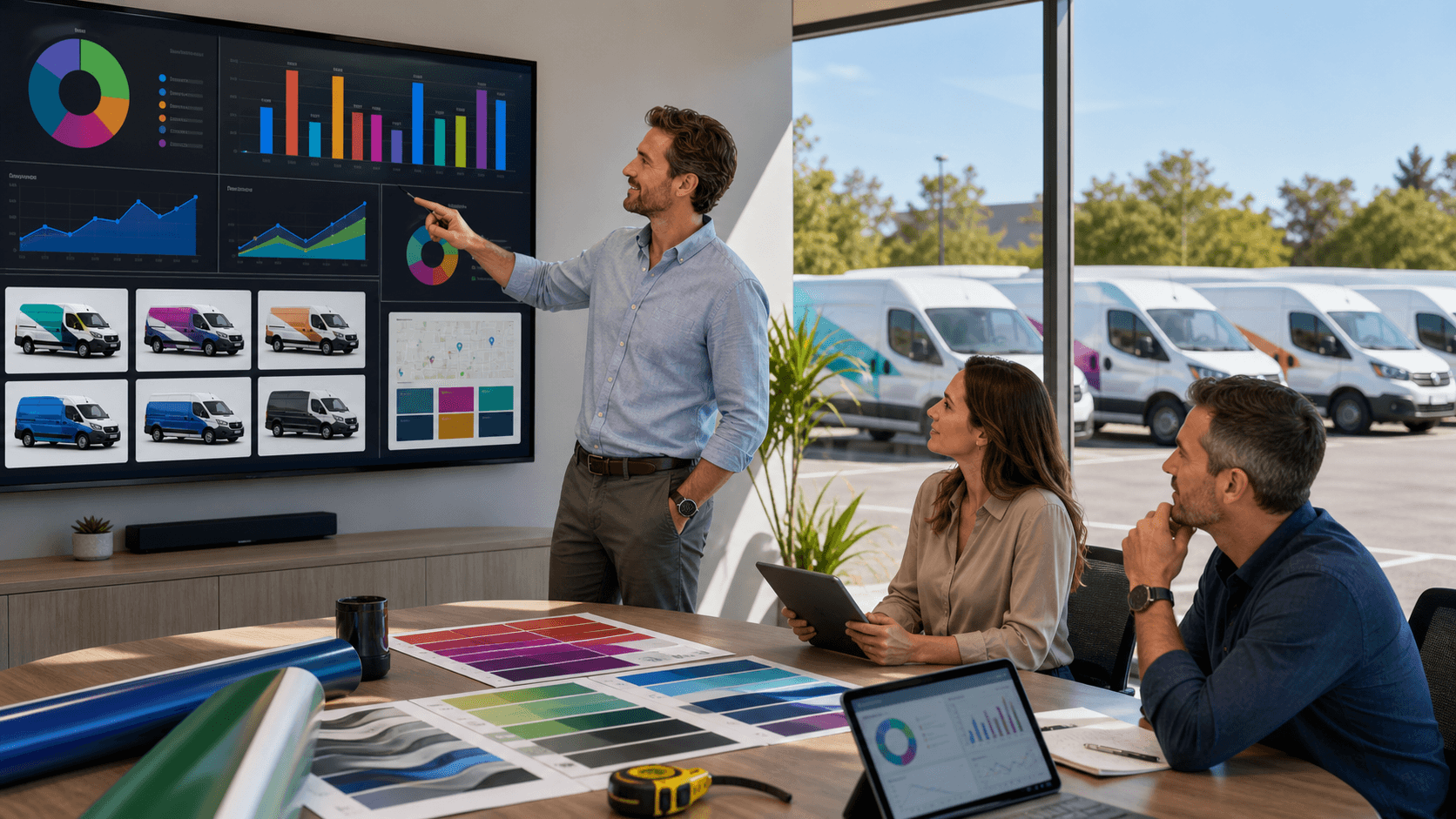 Blue dashboard UI with KPI charts and budget tiles over a fleet of white delivery vans in a clean, bright scene