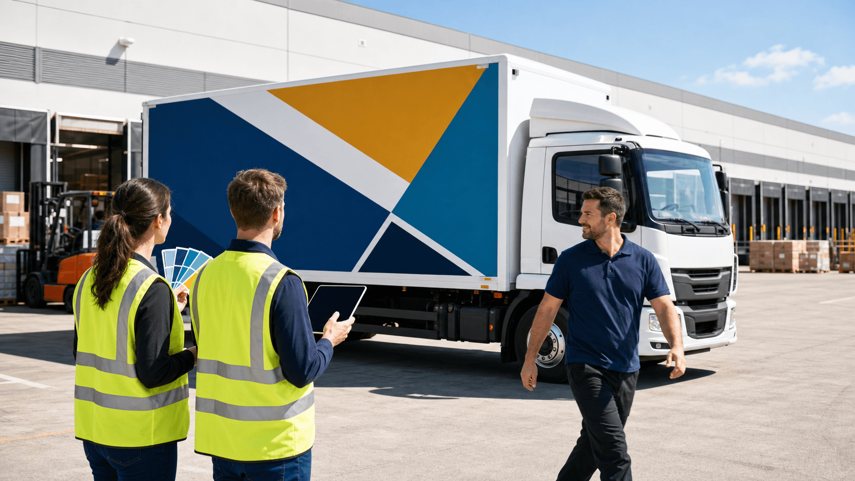 Brightly wrapped semi-truck with bold geometric graphics parked under studio lights on a dark, minimalist background