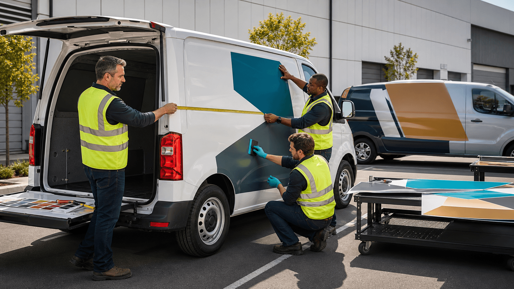 Modern delivery van with modular geometric wrap panels in blue and white, parked in bright studio lighting.