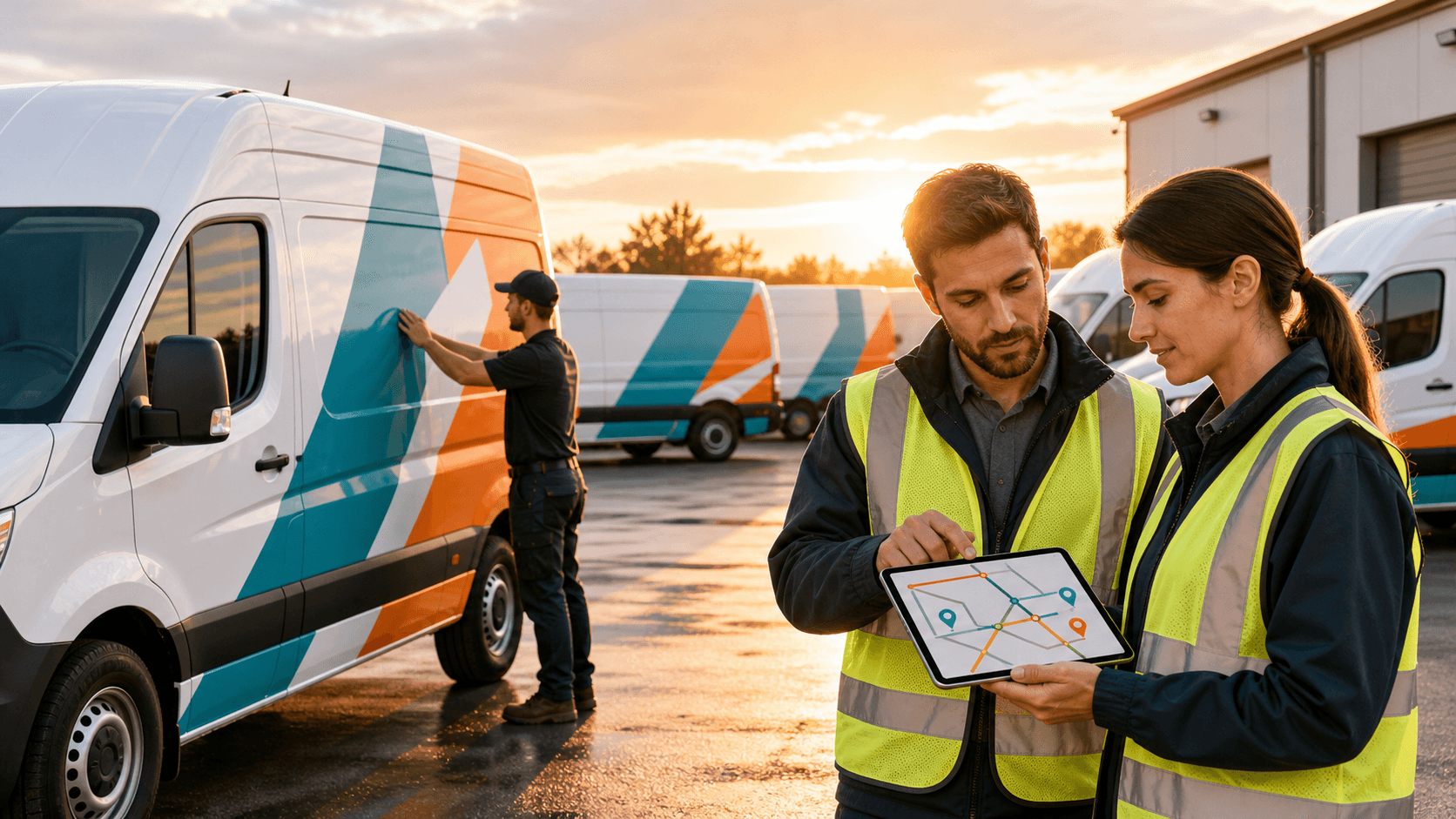 White delivery van with blue geometric graphics driving through a glowing digital city map.