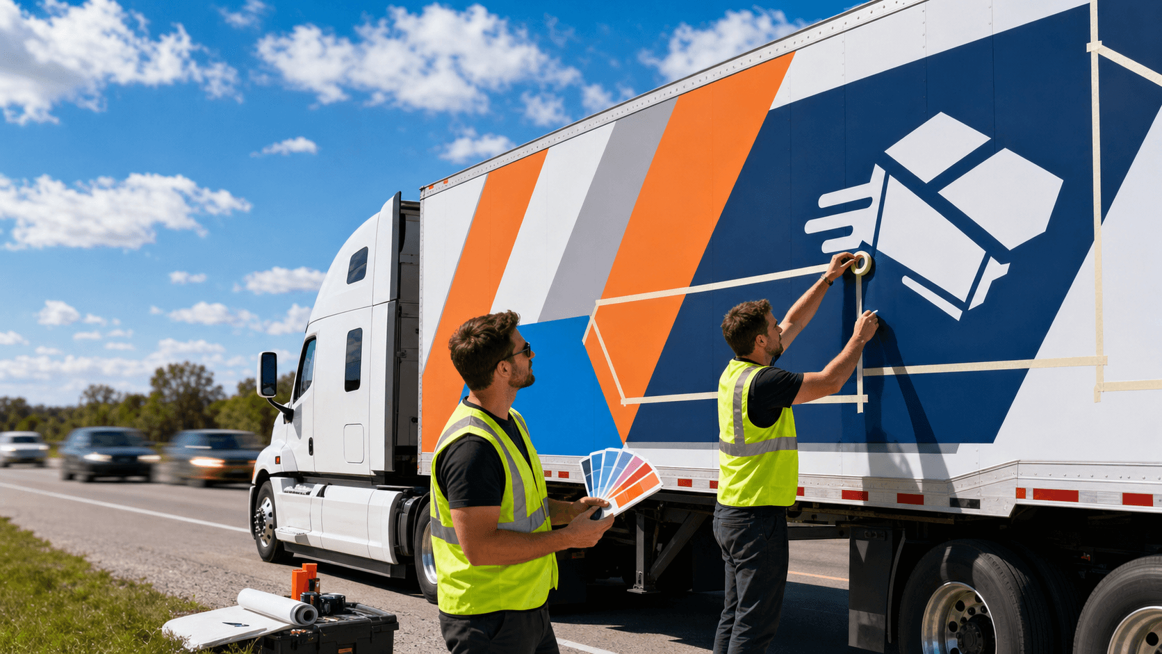 Semi truck on a highway with bold high-contrast wrap graphics, large typography, and clear color blocks in daylight