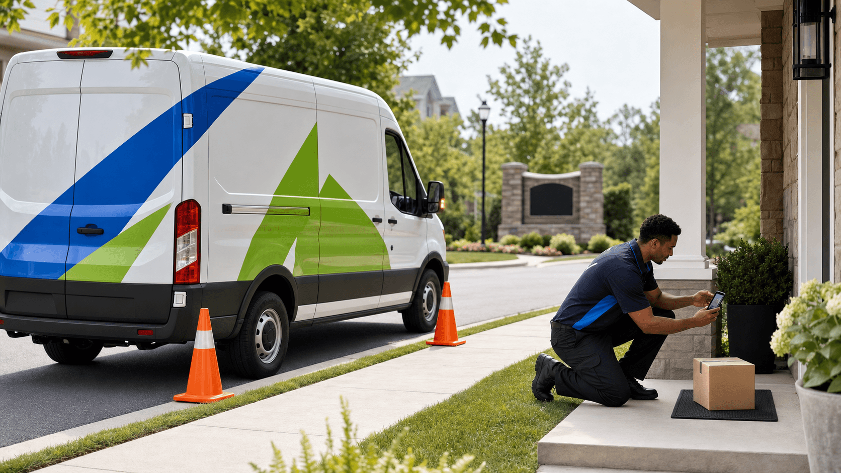 White delivery van with bold side graphics parked in sunlight, clipboard and smartphone showing photo in foreground