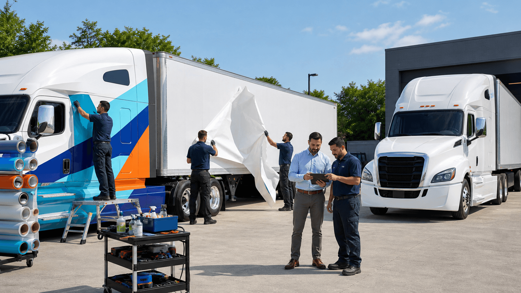 White semi truck with blue geometric trailer graphics parked beside a sunlit highway garage.