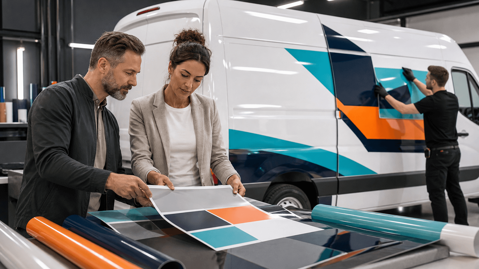 White cargo van with crisp blue and orange geometric graphics beside color swatches and specification sheets.