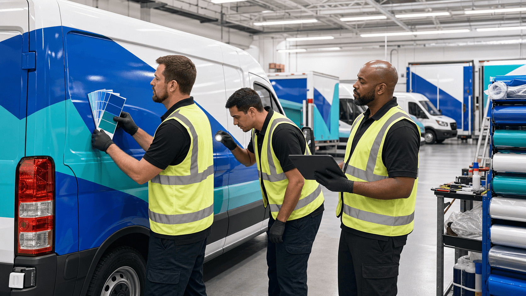 Blue and white vector diagram with checkmarks, clipboard, and delivery vans connected by lines on a clean grid background