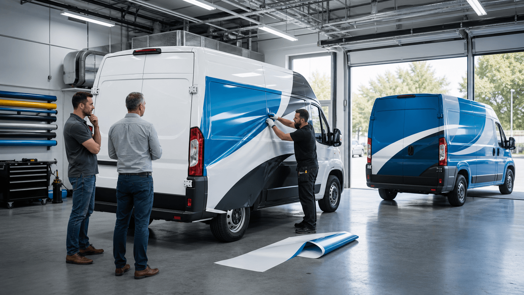 White delivery van with a blue partial wrap parked against a clean gray studio background.