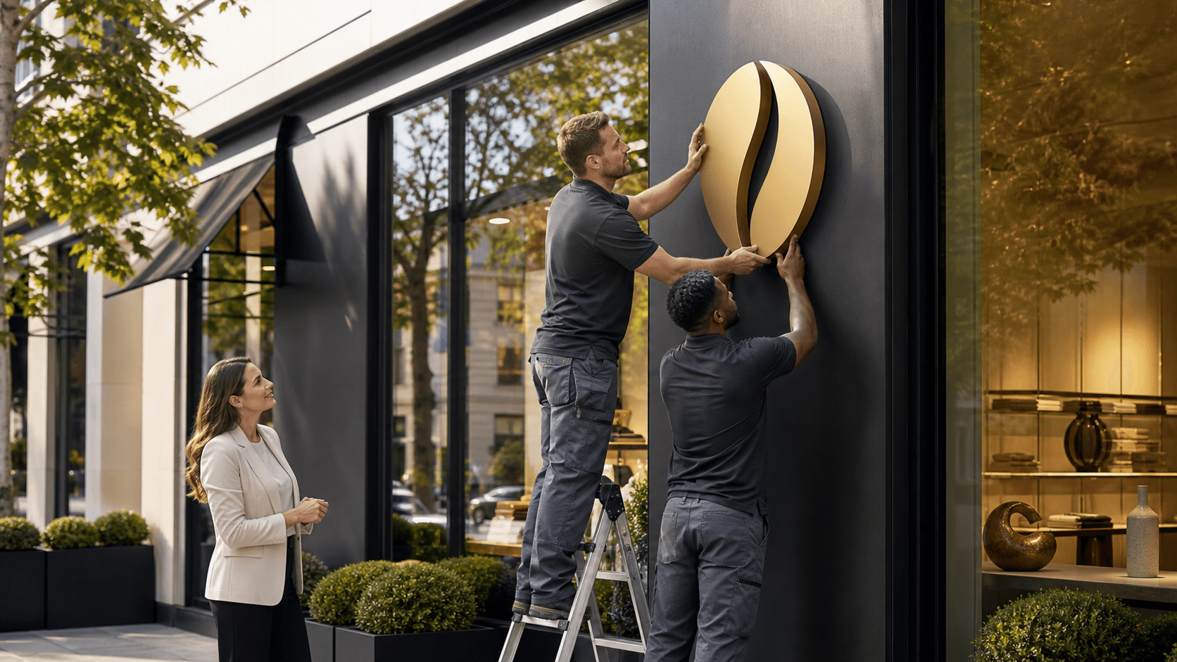 Modern storefront with bold custom signage, warm interior lighting, and a clean urban streetscape at dusk.