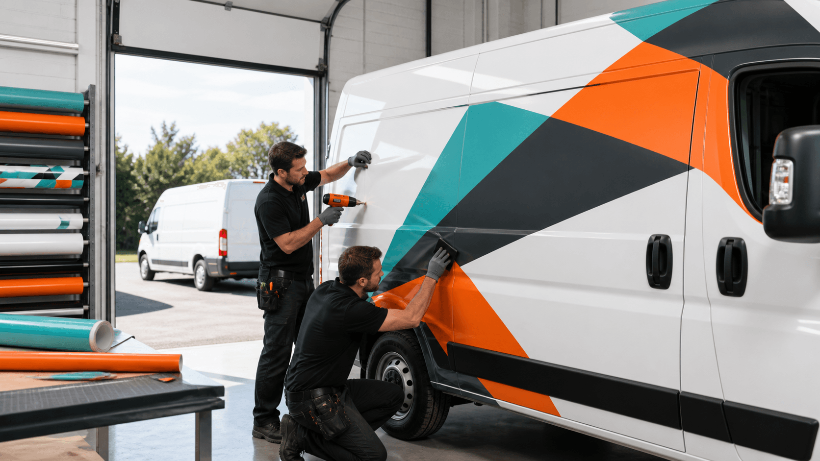White delivery van with bold blue and orange geometric decals parked against a sunlit urban wall.
