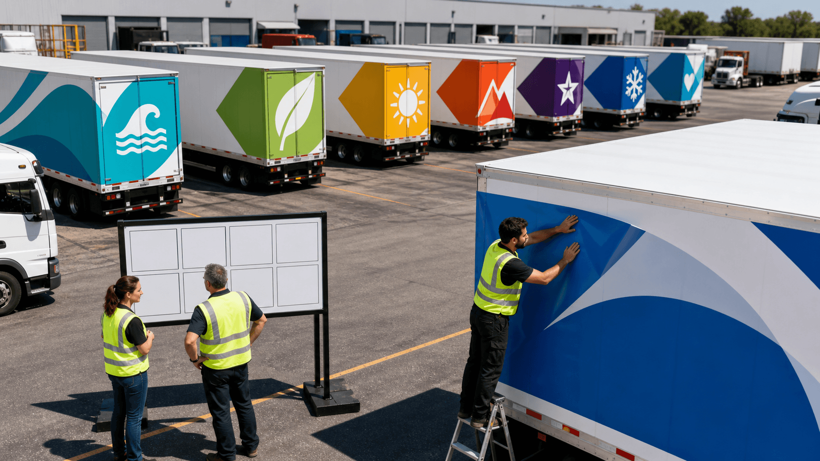 White fleet trailers with bold red and black graphics lined up in a sunlit industrial yard.