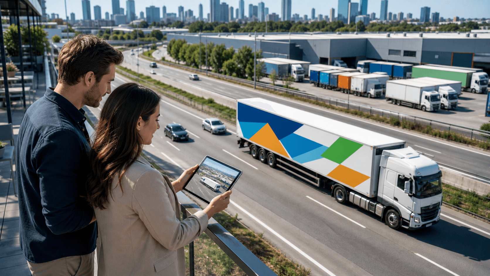 Colorful wrapped trailers lined up in a sunlit freight yard, with road lanes and warehouse docks behind them.
