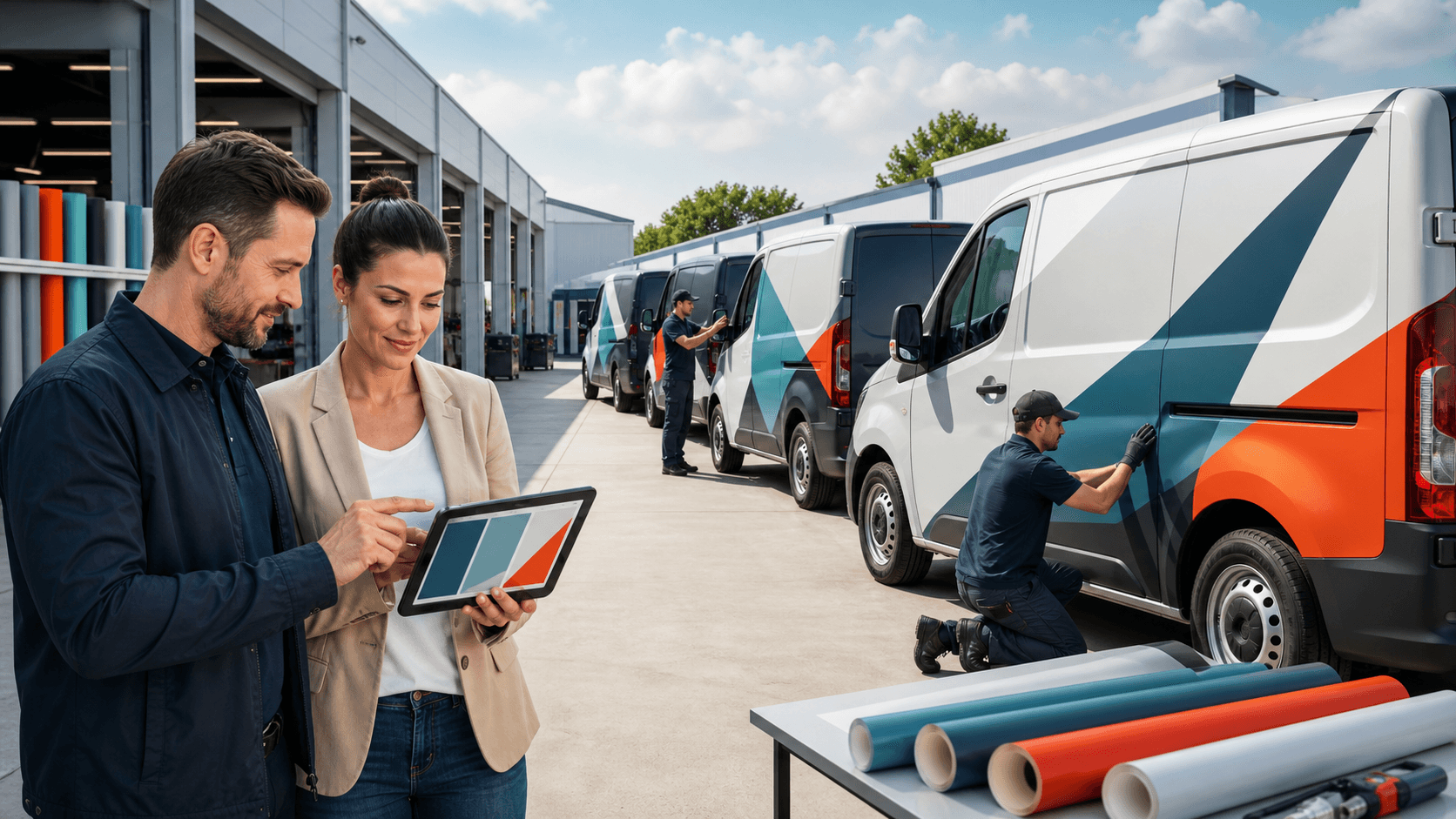 Colorful branded delivery vans lined up in a modern warehouse with bold geometric graphics on their sides.