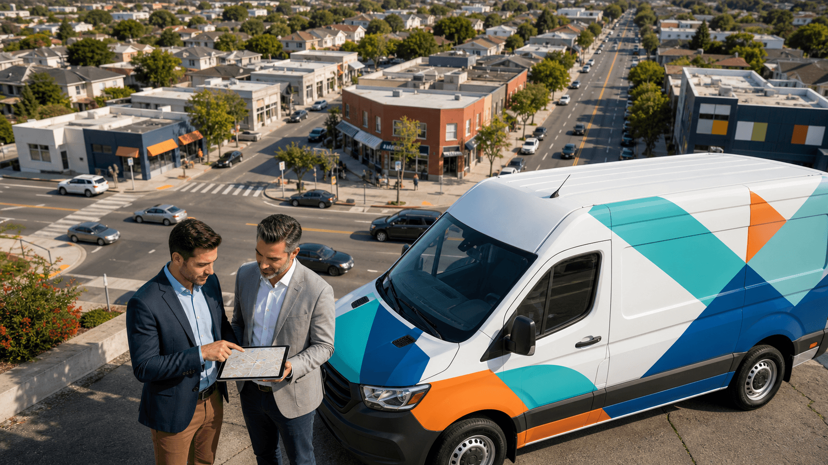 Blue delivery vans on a city map with glowing location pins and route lines.