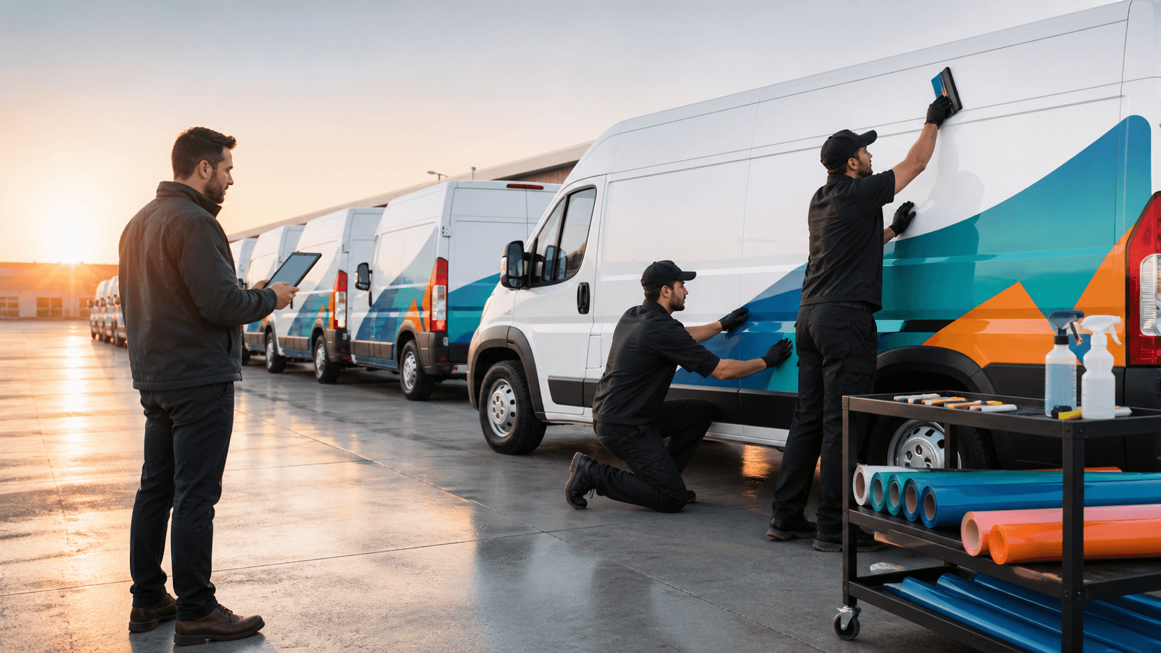 White delivery vans with bold blue graphics lined up beside a modern warehouse at sunset.
